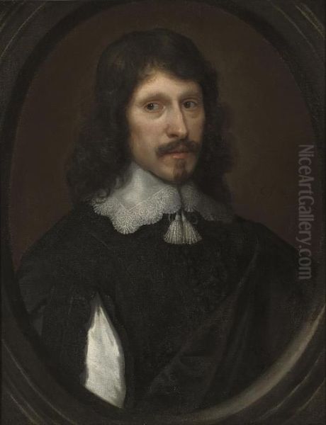 Portrait Of A Gentleman, 
Bust-length, In A Black Doublet With Slashed Sleeves And A Black Cloak, 
In A Feigned Oval Oil Painting by Cornelius Jonson