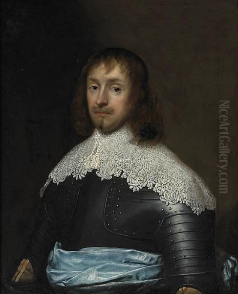 A Portrait Of Edward Cornewall Esquire, In Armor With A Lace Collar And A Blue Sash Oil Painting by Cornelius Jonson