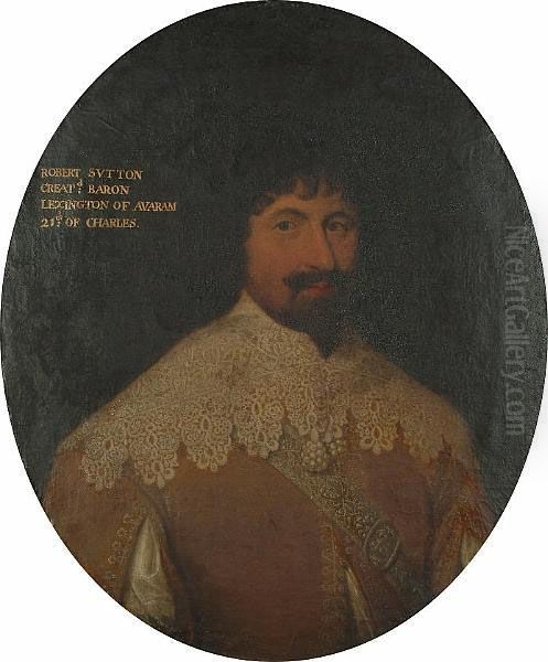 Portrait Of A Bearded Gentleman,
 Said To Be Robert Sutton, Bust-length, In An Ochre Coat With Slashed 
Sleeves And A White Lace Collar Oil Painting by Cornelius Jonson