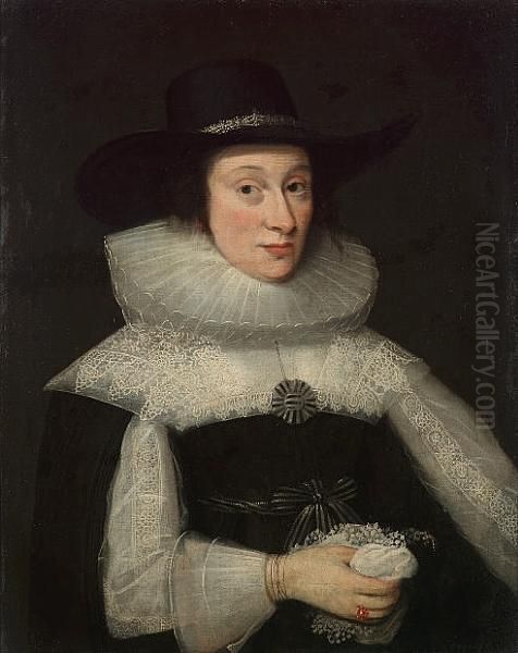 Portrait Of A Lady, Half-length,
 In Black Costume With White Lace Sleeves And Collar, And A Black Hat Oil Painting by Cornelius Jonson