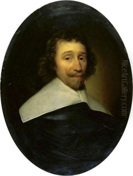 Portrait Of A Gentleman, Half Length, Wearing A Black Tunic Oil Painting by Cornelius Jonson