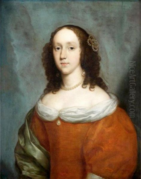 Portrait Of A Lady, Half Length, Wearing An Orange Silk Dress And A Green Silk Shawl Oil Painting by Cornelius Jonson