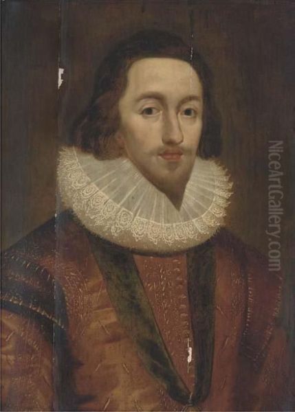 Portrait Of George Villiers, 1st
 Duke Of Buckingham, In A Golddoublet And Lace Ruff, Wearing The 
Order-of-the-garter Oil Painting by Cornelius Jonson