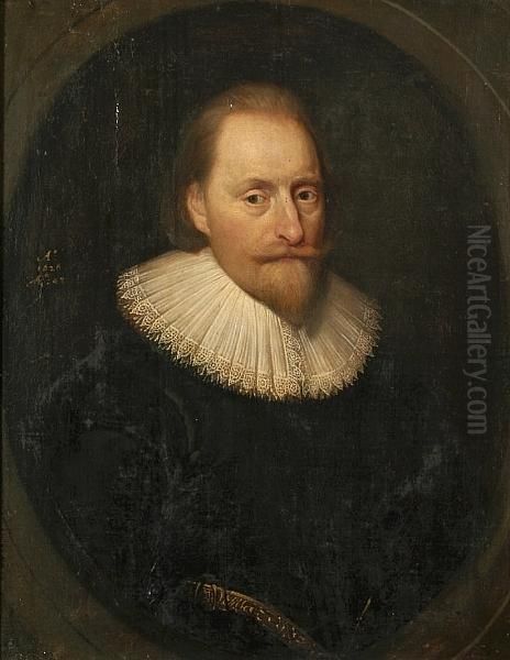 A Portrait Of A Bearded 
Gentleman, Half Length, With Black Coat And Lace Ruff, Within A Painted 
Oval Oil Painting by Cornelius Jonson