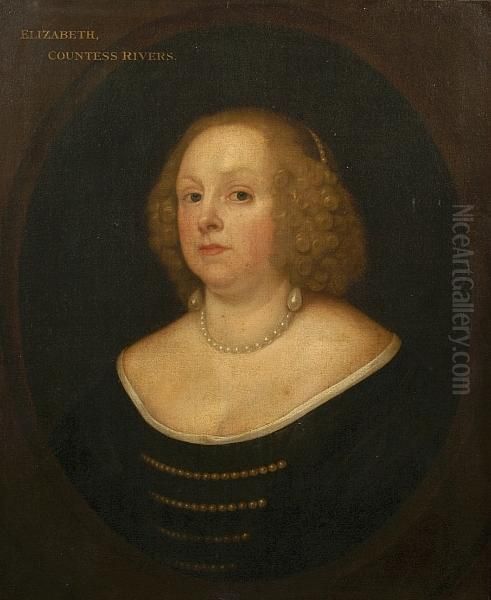 Portrait Of Elizabeth Countess 
Rivers, Long Bust Length With Black Gown And Pearl Jewellery Oil Painting by Cornelius Jonson