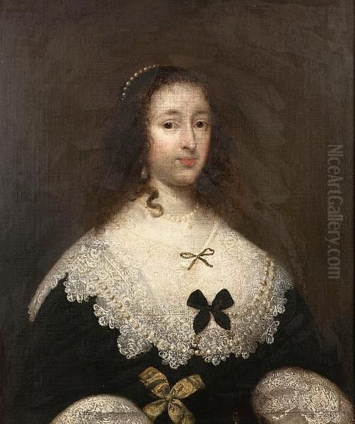 Portrait Of A Lady, Half-length,
 In A Black Dress With A White Lace Collar And Cuffs, With Yellow And 
Black Bows Oil Painting by Cornelius Jonson