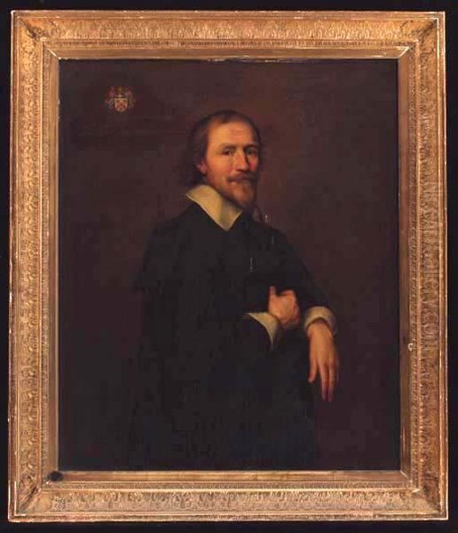 Portrait Of A Gentleman, Three-quarter-length, In A Black Coat Andwhite Shirt Oil Painting by Cornelius Jonson