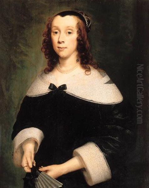 Portrait Of A Lady, Half-length,
 In A Black Dress With A Lacecollar And Cuffs, Holding A Fan Oil Painting by Cornelius Jonson