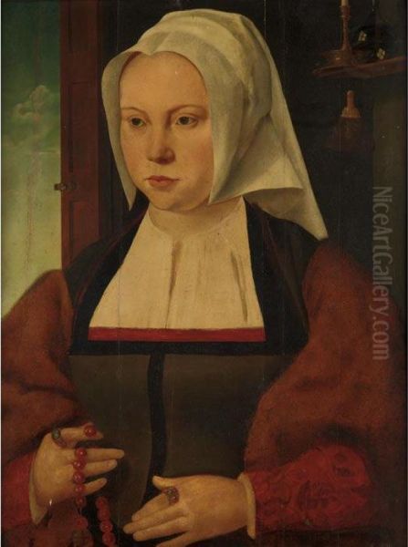 Portrait Of A Lady Holding A Coral Necklace Oil Painting by Joos Van Cleve