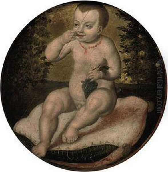 The Infant Christ, Seated On A Red Velvet Cushion, Eatinggrapes Oil Painting by Joos Van Cleve