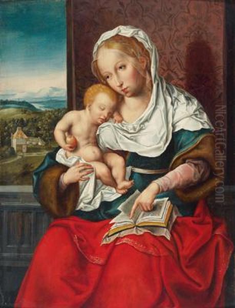 Maria Con Il Bambino Seduta Presso Una Finestra Che Guarda Un Ampio Paesaggio Fluviale Oil Painting by Joos Van Cleve