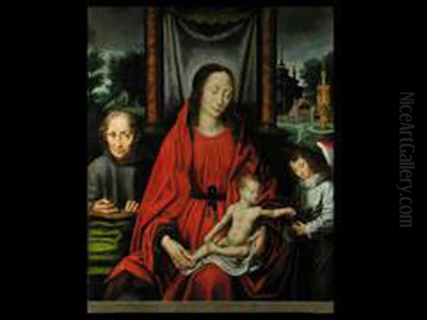 Die Heilige Familie Mit Einem Engel, Der Dem Jesuskind Eineweintraube Reicht Oil Painting by Joos Van Cleve