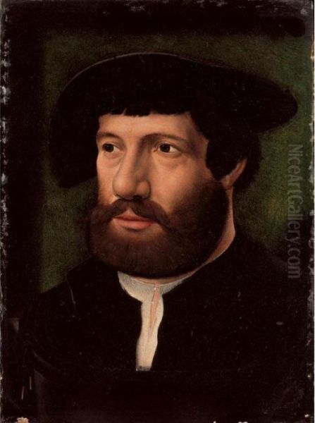 Portrait Of A Gentleman, Bust 
Length, Wearing A Black Jacket Over A White Shirt, With A Black Cap Oil Painting by Joos Van Cleve