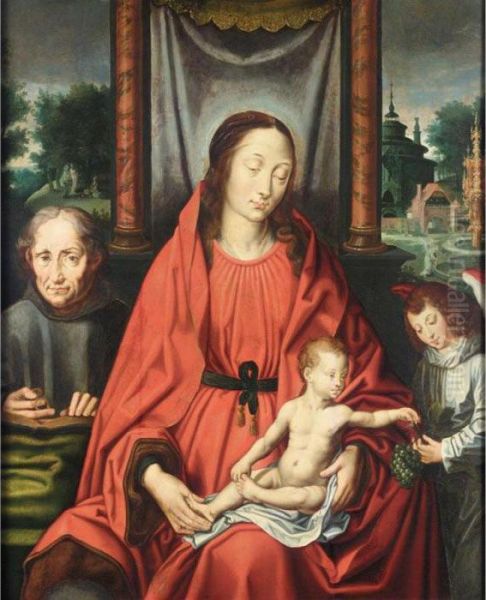 The Holy Family With An Angel Offering The Christ Child A Bunch Of Grapes Oil Painting by Joos Van Cleve