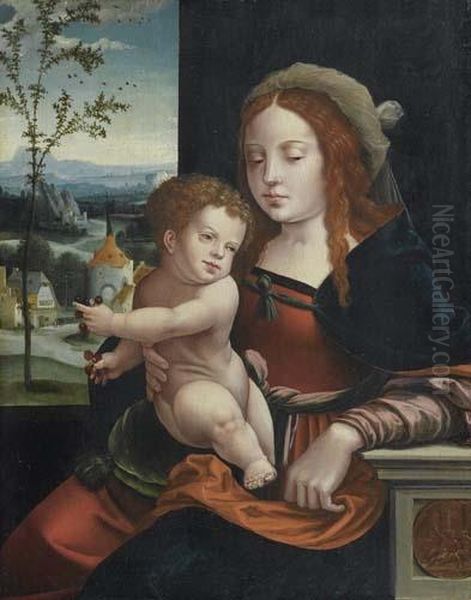 Madonna And Child Before A Landscape. Oil Painting by Joos Van Cleve