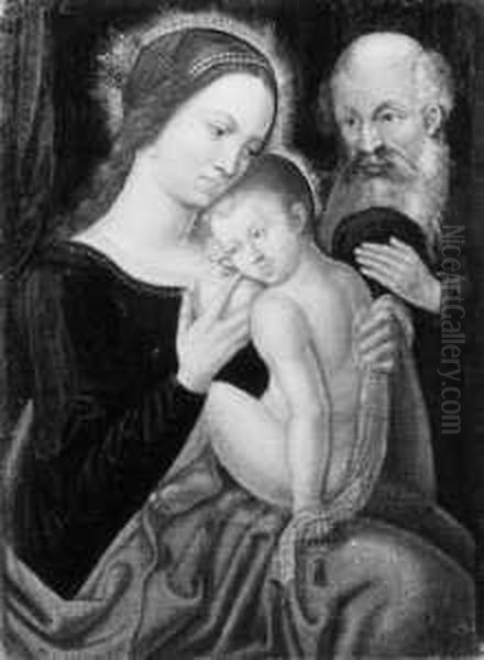 Nachfolge Die Heilige Familie. Maria Das Kind Stillend. Ol Auf Leinwand . H 5; B 37 Cm Oil Painting by Joos Van Cleve