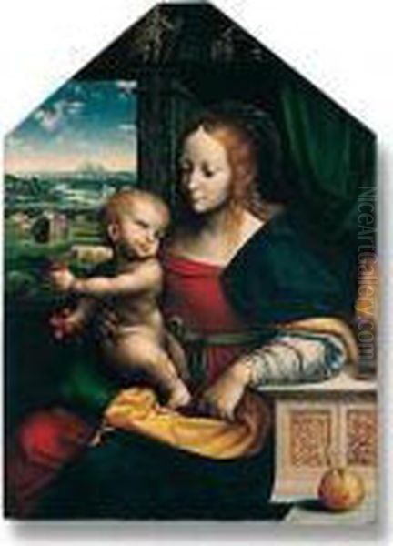 ``the Madonna Of The Cherries': 
The Madonna And Child Seated At A Window, The Christ Child Holding 
Bunches Of Cherries, An Apple In The Foreground, With An Extensive 
Landscape Beyond Illustrating The Miracle Of The Corn Oil Painting by Joos Van Cleve