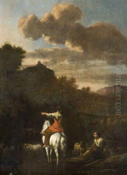 Troupeau De Moutons A La Riviere Dans Un Paysage D'italie Oil Painting by Adrian Van De Velde