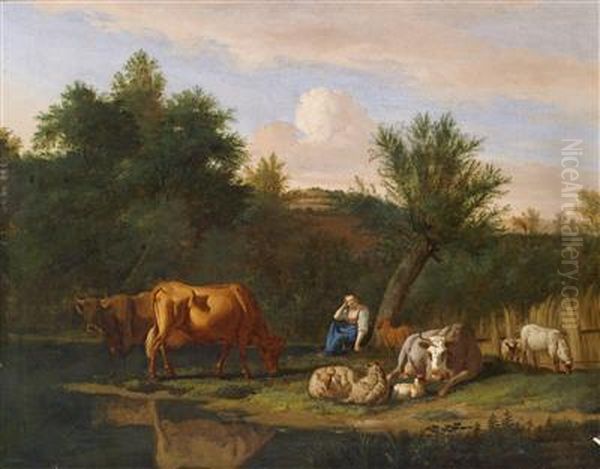 A Landscape With A Shepherd And Ashepherdess And Their Flock At Dusk Oil Painting by Adrian Van De Velde