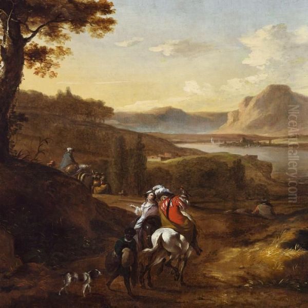 Southern Landscape With Falcon Hunting Near A River Oil Painting by Adrian Van De Velde