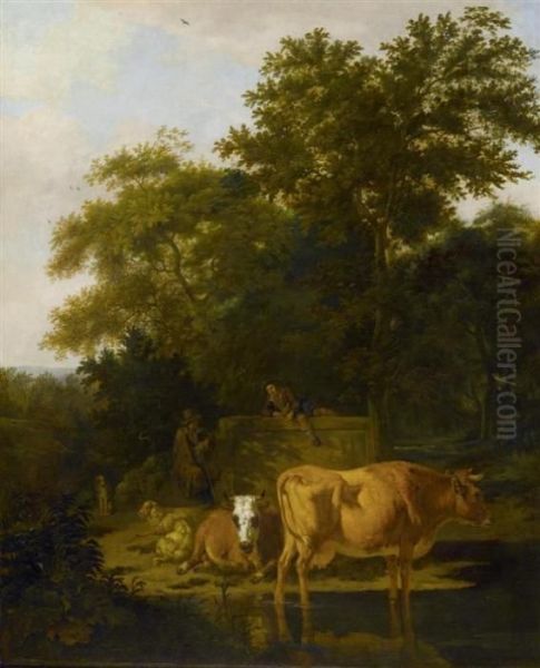 Herdsmen And Cows At The River In A Wooded Landscape. Oil Painting by Adrian Van De Velde