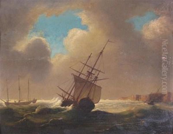 A Ship In Distress Off The Coast Oil Painting by Adrian Van De Velde