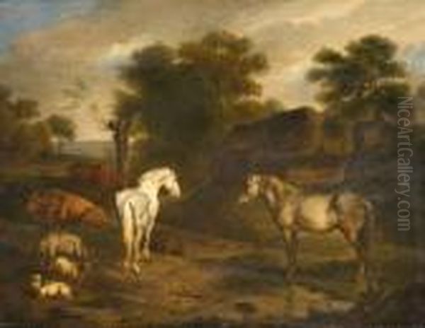 Chevaux Et Vaches Devant Une Ferme Oil Painting by Adrian Van De Velde