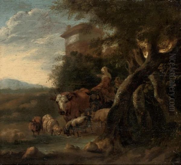 A Wooded Landscape With Cattle Watering And Figures At Rest, A Town Beyond Oil Painting by Adrian Van De Velde