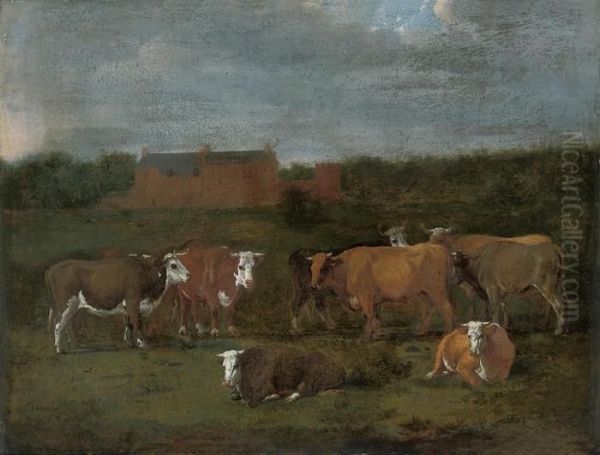 Cattle In A Landscape, A Country House Beyond Oil Painting by Adrian Van De Velde