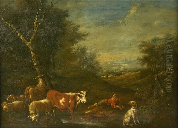 Cattle And Sheep By A Stream With Drover And Dog In A Summer Landscape Oil Painting by Adrian Van De Velde