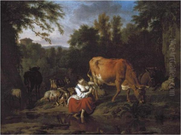 An Italianate Landscape With A 
Herding Girl Seated By A Stream Withcattle, Sheep And Goats Behind Her Oil Painting by Adrian Van De Velde