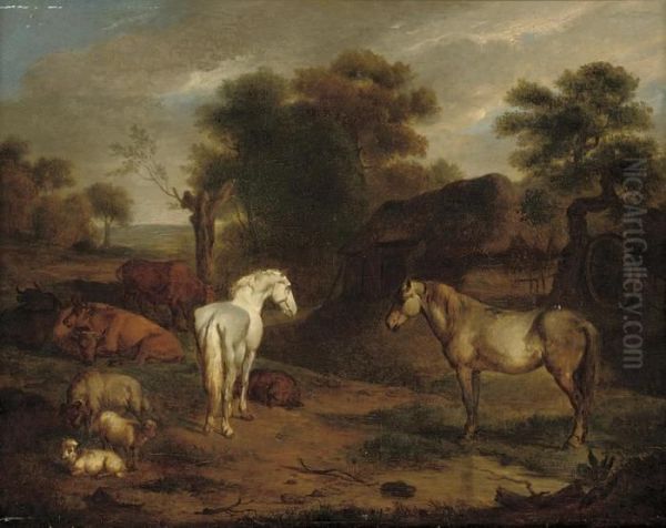 An Extensive Landscape With Horses And Cattle Grazing By Acottage Oil Painting by Adrian Van De Velde