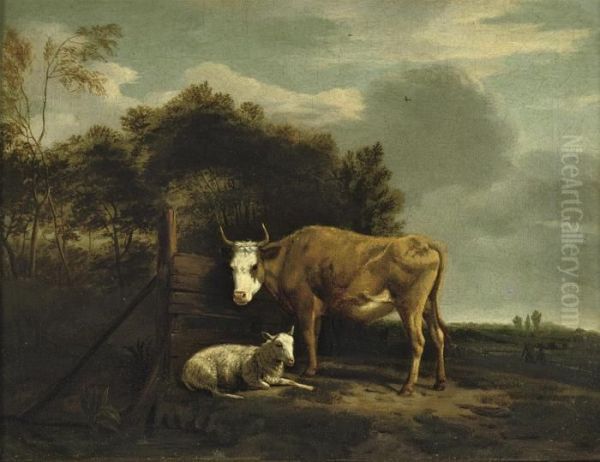 A Cow And A Sheep In A Wooded Landscape With Peasants In Thedistance Oil Painting by Adrian Van De Velde