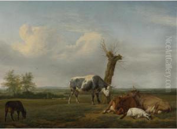 Cattle And Goats By A Pollarded Tree In A Meadow, Shepherd Boys Approaching Beyond Oil Painting by Adrian Van De Velde