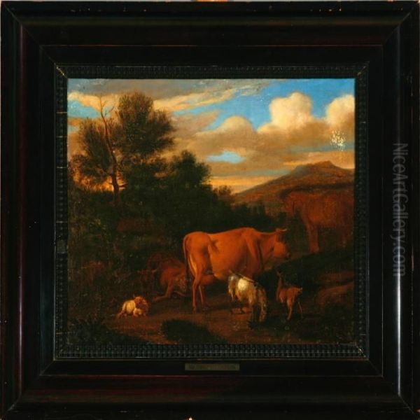 Autumn Landscape With Cows, Goats And A Horse Oil Painting by Adrian Van De Velde