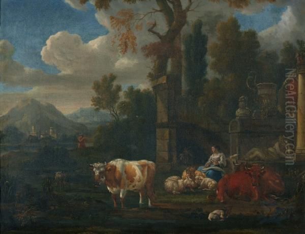 Italianiserend Landschap Met Herderin En Kudde Bij Een Ru ne Oil Painting by Adrian Van De Velde