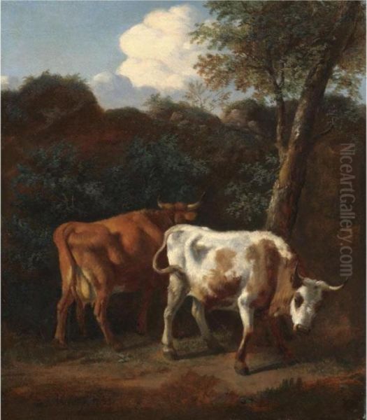 Two Cows Resting Under A Tree In A Landscape Oil Painting by Adrian Van De Velde