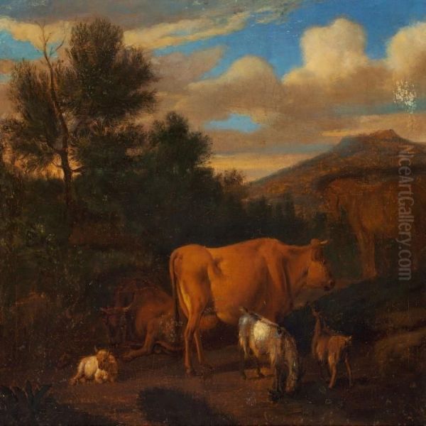 Cows, Goats And A Horse In A Landscape Oil Painting by Adrian Van De Velde