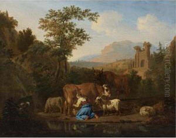 An Arcadian Mountainous 
Landscape With A Milkmaid At The Edge Of A Stream Milking A Brown Cow, 
Sheep And Goats Grazing Nearby Oil Painting by Adrian Van De Velde