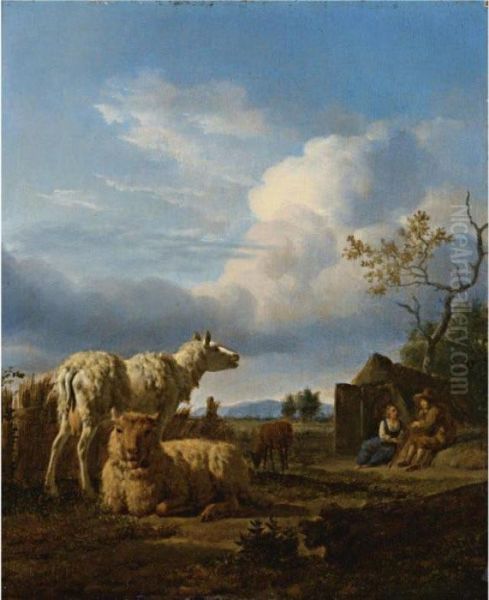 Pastoral Landscape With Sheep And Peasants Oil Painting by Adrian Van De Velde