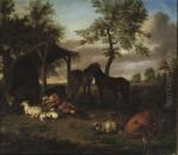 A Herdsman Sleeping Outside A Shed Among His Herd In A Wooded Landscape Oil Painting by Adrian Van De Velde