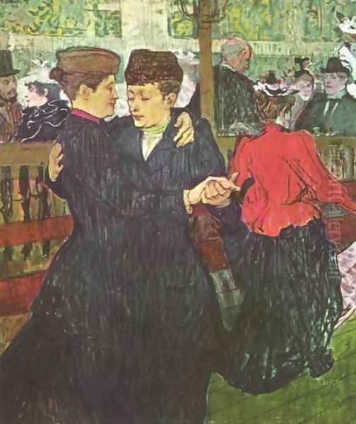 Two Women Dancing At The Moulin Rouge Oil Painting by Henri De Toulouse-Lautrec