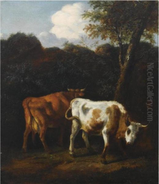 Cows In A Landscape Oil Painting by Adrian Van De Velde