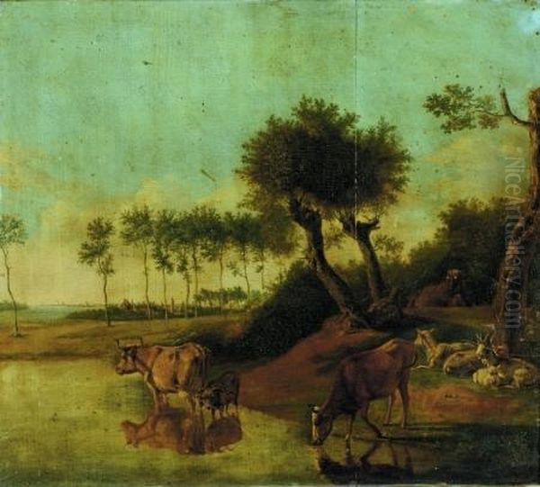 Goats And Cattle On A River Bank Oil Painting by Adrian Van De Velde