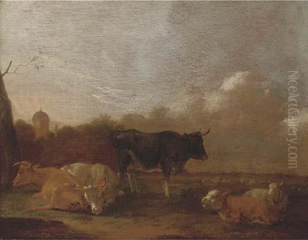 Cattle Resting In A Landscape Oil Painting by Adrian Van De Velde