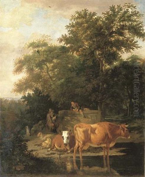 A Wooded Landscape With Herdsmen Resting And Cows Watering By A River Oil Painting by Adrian Van De Velde