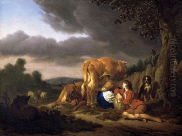 A Dairy-maid Milking A Cow At The Foot Of A Tree, A Boy And A Spaniel Looking On Oil Painting by Adrian Van De Velde