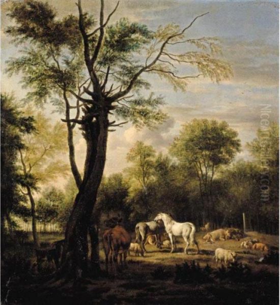 Two Horses, Cows, Sheep And Goats In A Woodland Clearing Oil Painting by Adrian Van De Velde