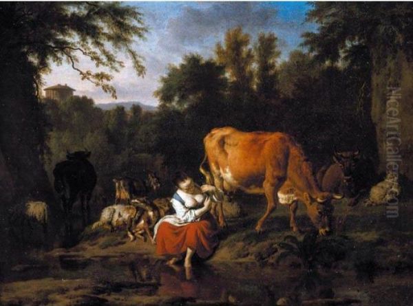 A Classical Landscape With A 
Herding Girl Seated By A Stream With Cattle, Sheep And Goats Behind Her Oil Painting by Adrian Van De Velde