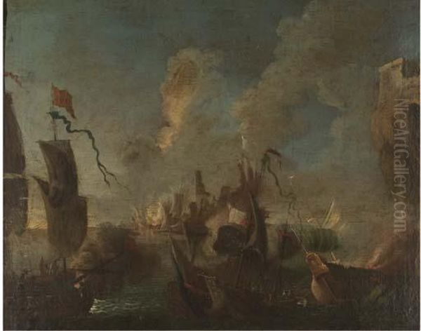 Scenes De Batailles Navales Oil Painting by Adrian Van De Velde